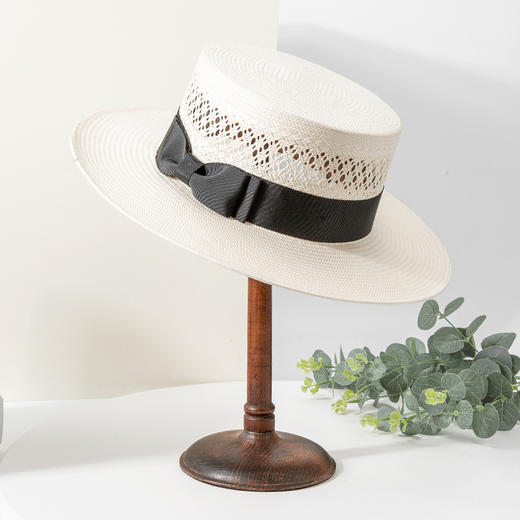 雀说 春夏日本纸草镂空平顶草帽时尚蝴蝶结装饰遮阳帽4ZF-32155A 商品图0