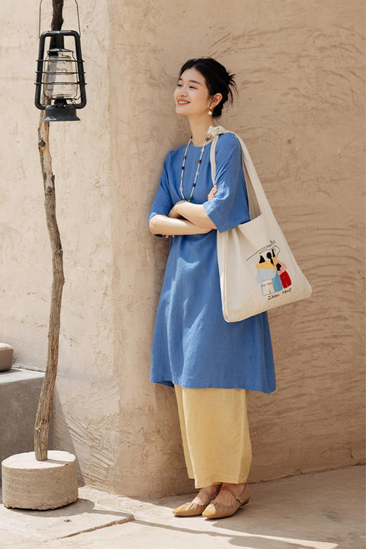 绽放旅行女装178朵新款女文艺亚麻连衣裙日系叠穿纯色裙子中长款 商品图5