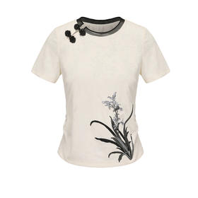 司歌修身圆领国风上衣刺绣T恤T891495X