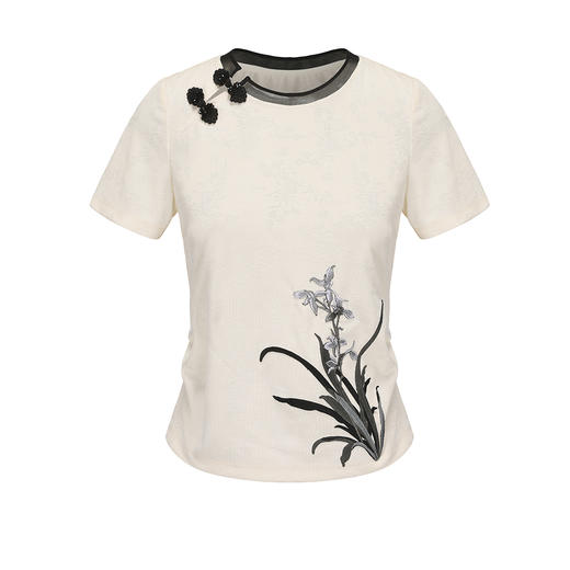 司歌修身圆领国风上衣刺绣T恤T891495X 商品图0