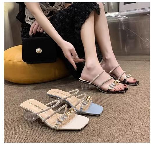 【轻松不累脚❗️法式水钻中跟鞋】2025年夏季新款中跟鞋，一字带采用优质柔软面料，防滑耐磨鞋底，仙女百搭款式日常出勤逛街穿搭Y 商品图2