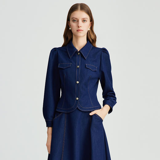 EITIE爱特爱复古娃娃领收腰显瘦气质两穿牛仔外套上衣秋新款C2403408 商品图1