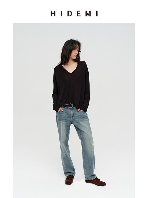 HIDEMI 极简V领大廓形轻柔皮肤衣系列宽松慵懒设计感可再生纤维面膜上衣长袖T恤 商品图5