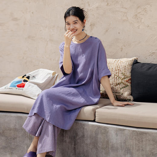 绽放旅行女装178朵新款女文艺亚麻连衣裙日系叠穿纯色裙子中长款 商品图3