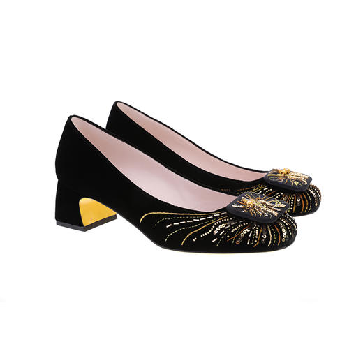 sheme踏地而歌系列柔软细腻天鹅绒方头粗跟女士单鞋新中式精美刺绣可定制 商品图5