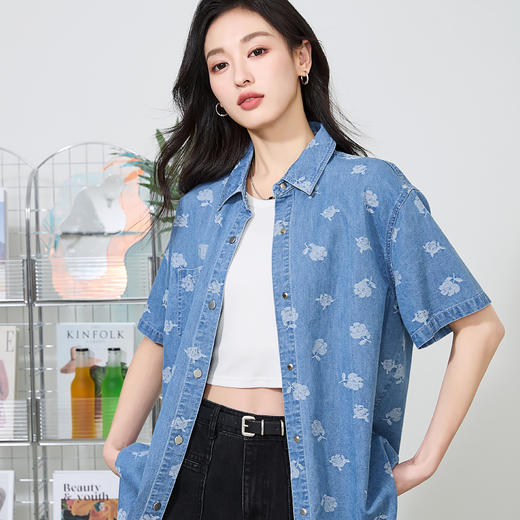 逸阳短袖衬衫女24夏季宽松薄款棉麻牛仔衬衣复古显瘦印花上衣3828 商品图1