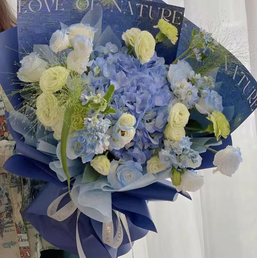 【蓝色星空】蓝绣球+6朵碎冰蓝+绿色康乃馨+洋桔梗 精品花束 商品图0