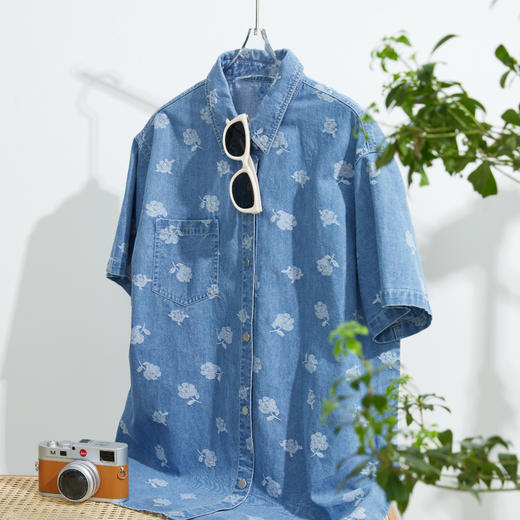 逸阳短袖衬衫女24夏季宽松薄款棉麻牛仔衬衣复古显瘦印花上衣3828 商品图2