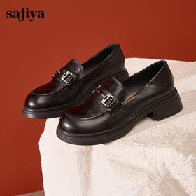 Safiya/索菲娅2024秋英伦真皮石头纹圆头金属扣百搭粗跟乐福鞋 SF43112103