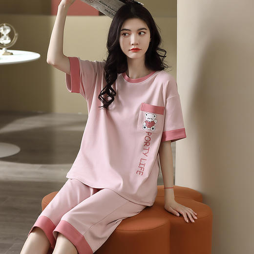 【穿上它，重新定义你的家居服】带胸垫夏季睡衣女 棉质卡通可爱短袖七分裤 免穿文胸家居服套装舒适-QQ 商品图1