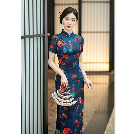 老上海复古中国风长款短袖旗袍2024夏新款改良中式中老年旗袍SYK582471 商品图0