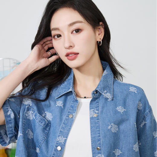 逸阳短袖衬衫女24夏季宽松薄款棉麻牛仔衬衣复古显瘦印花上衣3828 商品图3