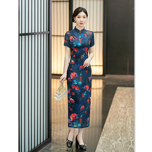 老上海复古中国风长款短袖旗袍2024夏新款改良中式中老年旗袍SYK582471 商品图2