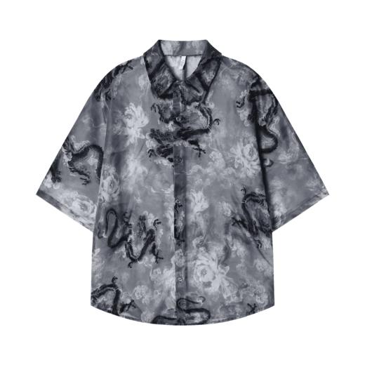 CS97新款国风复古中国龙印花男士衬衫百搭国潮扎染上衣宽松短袖 商品图1