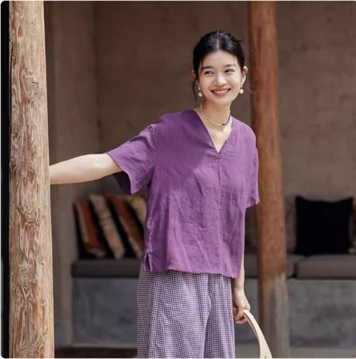 绽放361朵【甜茶系列·卡布奇诺】法国进口砂洗亚麻v领短袖衬衫 商品图3