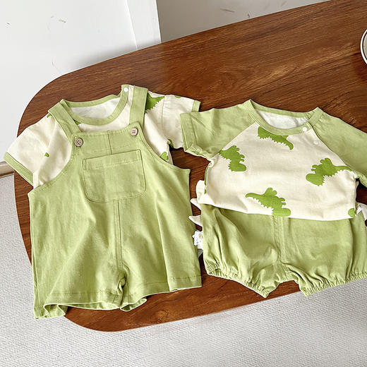 【超萌恐龙卡通造型，舒适透气面料】超萌婴儿衣服夏装 男女宝宝卡通恐龙短袖两件套 新生儿夏天衣服可爱恐龙-QQ 商品图2