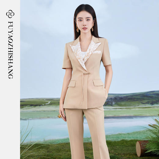 FUYAO扶摇 职业西装套装女2024夏季短袖工作服国风新中式西服套裤 商品图0