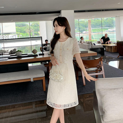 奢姿2025年夏季新款大码女装优雅假两件裙子胖妹妹蕾丝镂空连衣裙9942890114【1】 商品图1