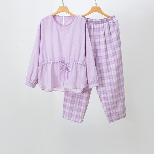 【花楹款长袖长裤】纯棉家居服双层纱长袖套头女士宽松套装格子睡衣长裤 商品图4