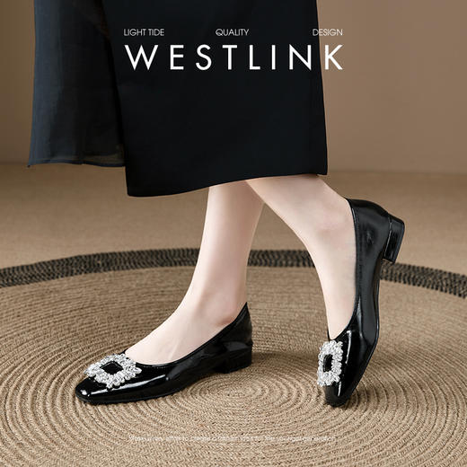 西遇低跟法式单鞋新款早春气质通勤百搭女鞋方钻银色浅口船鞋V0047338 商品图3