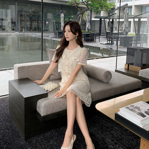 奢姿2025年夏季新款大码女装优雅假两件裙子胖妹妹蕾丝镂空连衣裙9942890114【1】 商品图2