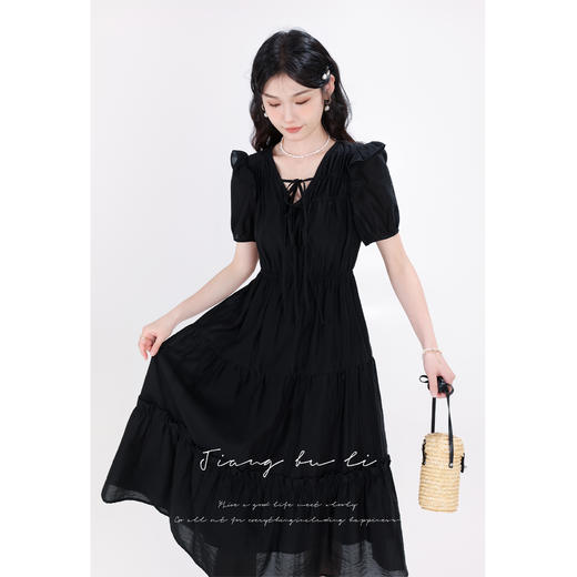 鹿向南「夜巴黎」法式夏季黑色短袖连衣裙2025新款气质高腰裙子女 商品图1