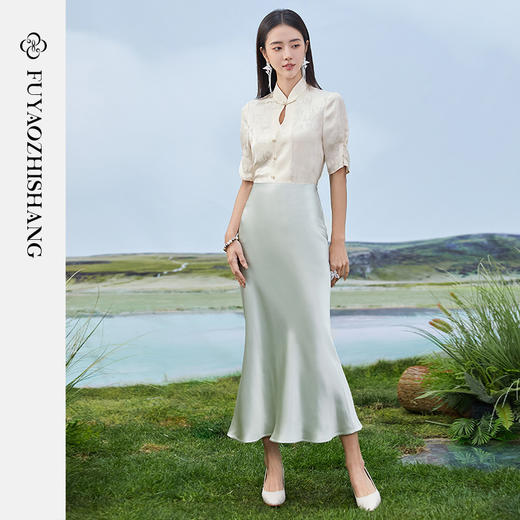 FUYAO扶摇 国风两件套女2024夏季短袖新中式提花上衣鱼尾裙套装夏 商品图3