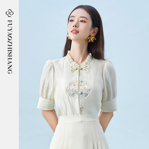 FUYAO扶摇 新中式上衣女夏季新款气质通勤设计感短袖国风刺绣衬衫 商品图4
