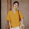 绽放361朵【甜茶系列·卡布奇诺】法国进口砂洗亚麻v领短袖衬衫 商品缩略图0