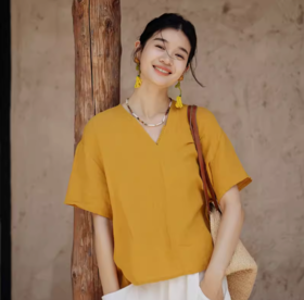 绽放361朵【甜茶系列·卡布奇诺】法国进口砂洗亚麻v领短袖衬衫