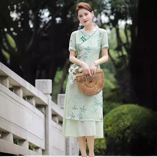 时尚苎麻，V领改良旗袍QMR-001 商品图1