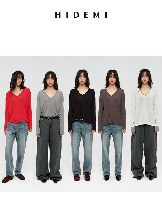 HIDEMI 极简V领大廓形轻柔皮肤衣系列宽松慵懒设计感可再生纤维面膜上衣长袖T恤 商品图0