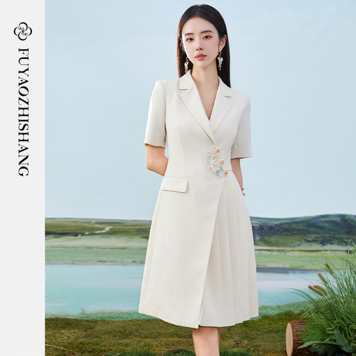 FUYAO扶摇 国风刺绣连衣裙女2024夏季新款西装裙新中式盘扣裙子夏 商品图1