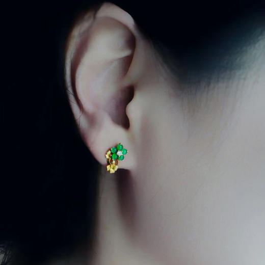 龢盒原创 18k金镶翡翠钻石花戒指/耳钉 商品图5