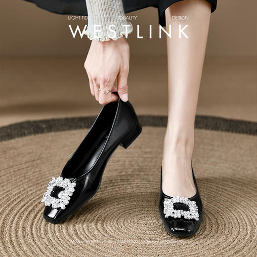 西遇低跟法式单鞋新款早春气质通勤百搭女鞋方钻银色浅口船鞋V0047338 商品图1