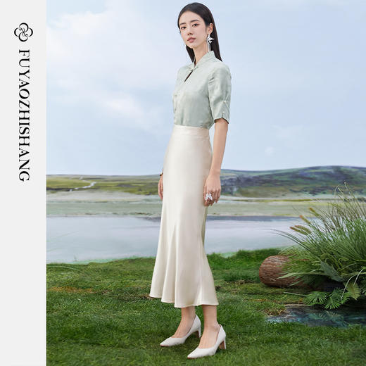 FUYAO扶摇 新中式两件套女2024夏新款国风盘扣衬衫上衣半身裙套装 商品图3
