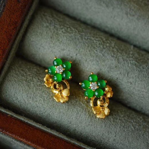龢盒原创 18k金镶翡翠钻石花戒指/耳钉 商品图1