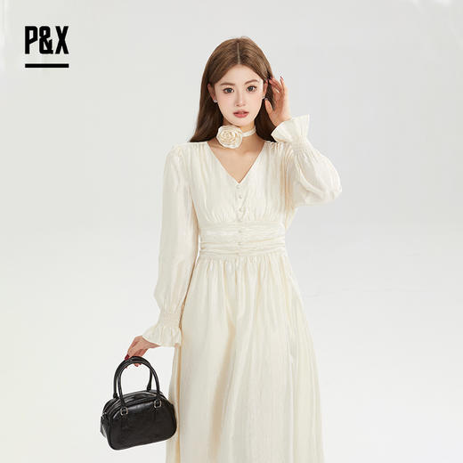 P&X设计师女装秋季法式气质优雅温柔连衣长裙824308395 杏色 商品图1