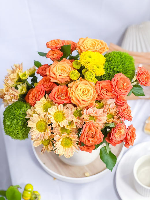 【暮色回响】辉煌玫瑰3支+橙色三文鱼小雏菊3支+黄色小雏菊1支+橙色芭比多头玫瑰2支+绿毛球2支/份（静静设计） 商品图5