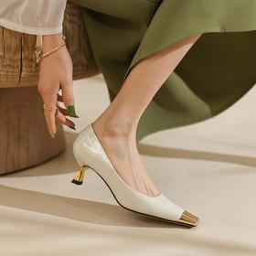 【预售5天】黑色高跟鞋女2024新款金属头细跟浅口鞋子法式小方头漆皮气质单鞋DB&M5225