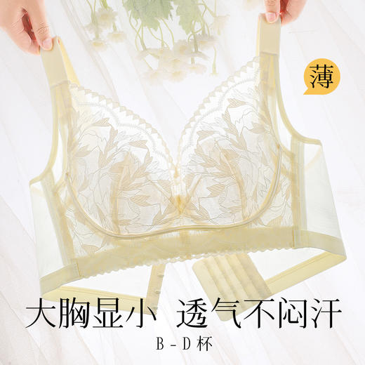 大胸显小夏季超薄透气蕾丝水晶杯内衣女轻薄不闷汗收副乳文胸烟雨之梦 商品图0