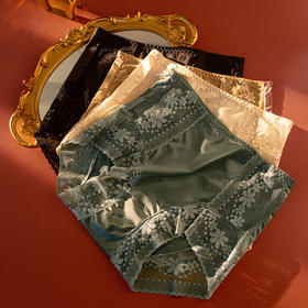 丝滑凉爽 放心穿 玻尿酸光感丝绸内裤 欧式宫廷风法式桑蚕丝透气底裆 美宅内裤女士无痕大码高腰收腹提臀高弹蕾丝缎面三角裤