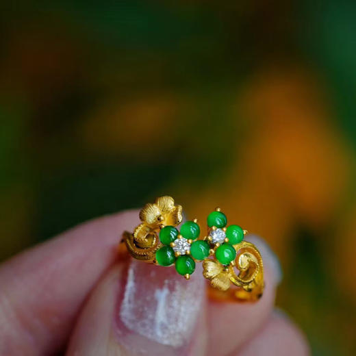 龢盒原创 18k金镶翡翠钻石花戒指/耳钉 商品图4