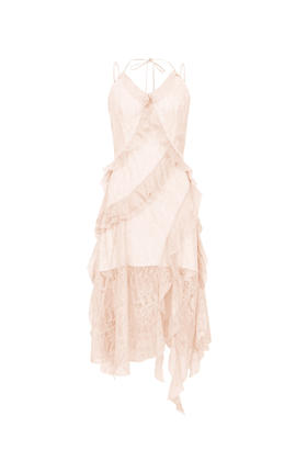 蜜桃粉吊带不规则荷叶边修身连衣裙