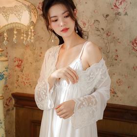 【宫廷仙女风蕾丝2件睡袍+吊带】长袖睡袍女春胸垫吊带裙棉宫廷风睡衣网纱晨袍性感外穿家居服套装