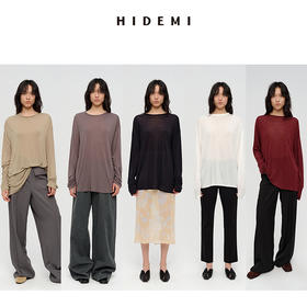 HIDEMI凉感超薄清透皮肤衣系列圆领oversize宽松慵懒长袖面膜T恤 朱红色/豆沙灰绿/烟草灰/深藏青/自然白