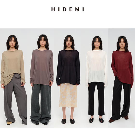 HIDEMI凉感超薄清透皮肤衣系列圆领oversize宽松慵懒长袖面膜T恤 朱红色/豆沙灰绿/烟草灰/深藏青/自然白 商品图0