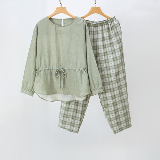 【花楹款长袖长裤】纯棉家居服双层纱长袖套头女士宽松套装格子睡衣长裤 商品图3