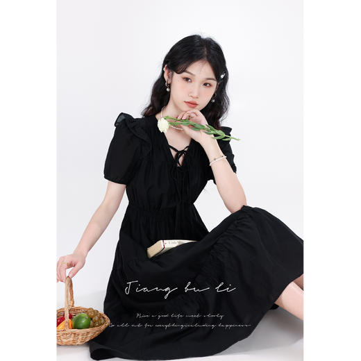 鹿向南「夜巴黎」法式夏季黑色短袖连衣裙2025新款气质高腰裙子女 商品图0