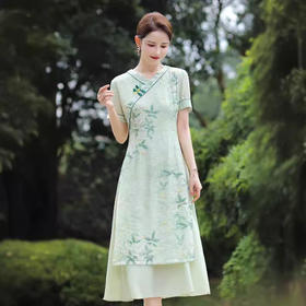 时尚苎麻，V领改良旗袍QMR-001